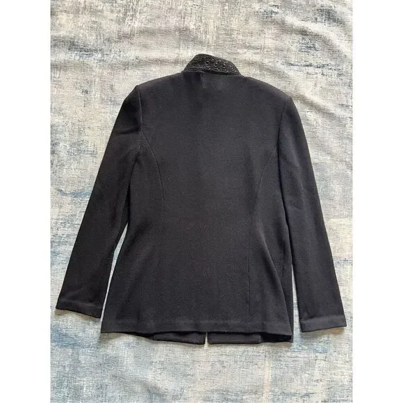 Vintage St John Black Santana Knit Zip Front High Braid Collar Blazer Women's 12